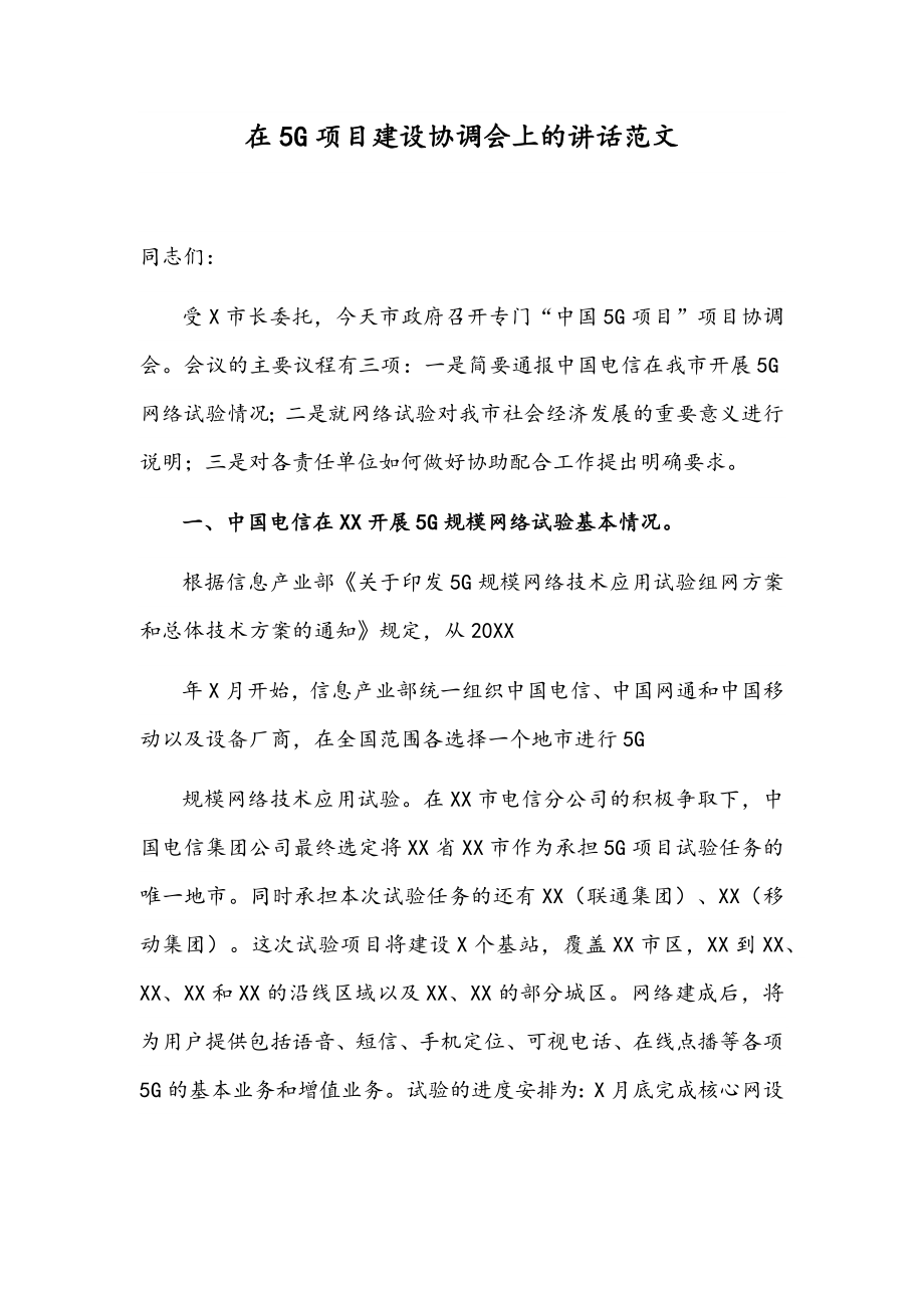 在5G项目建设协调会上的讲话范文.docx_第1页