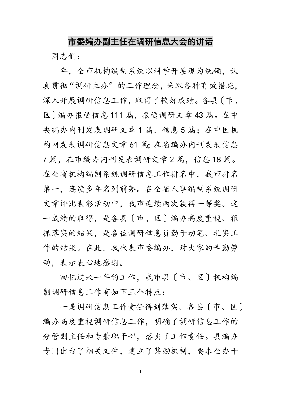 2023年市委编办副主任在调研信息大会的讲话范文.doc_第1页