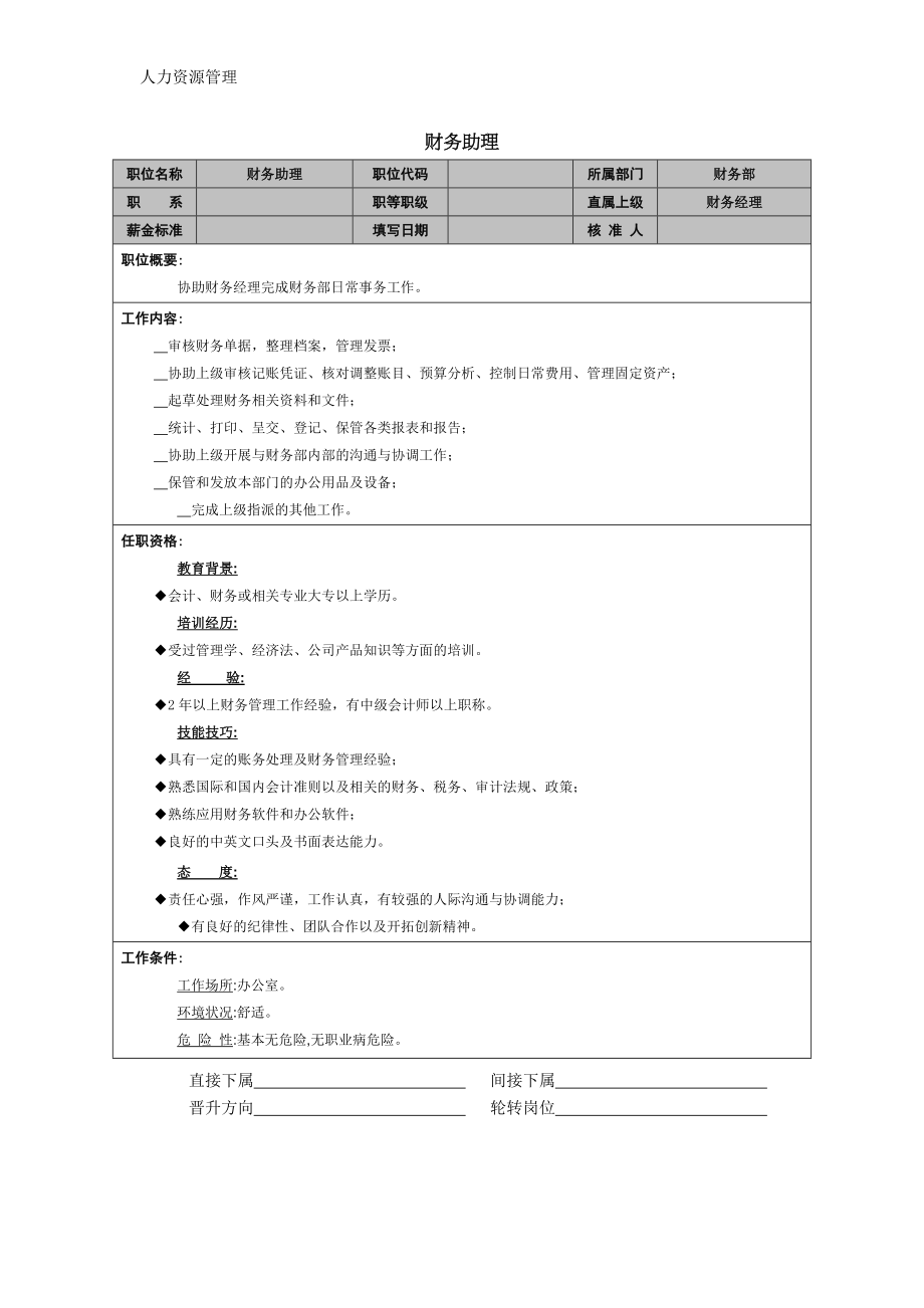 人力资源管理 企业管理 岗位说明 财务助理职能说明书.docx_第1页