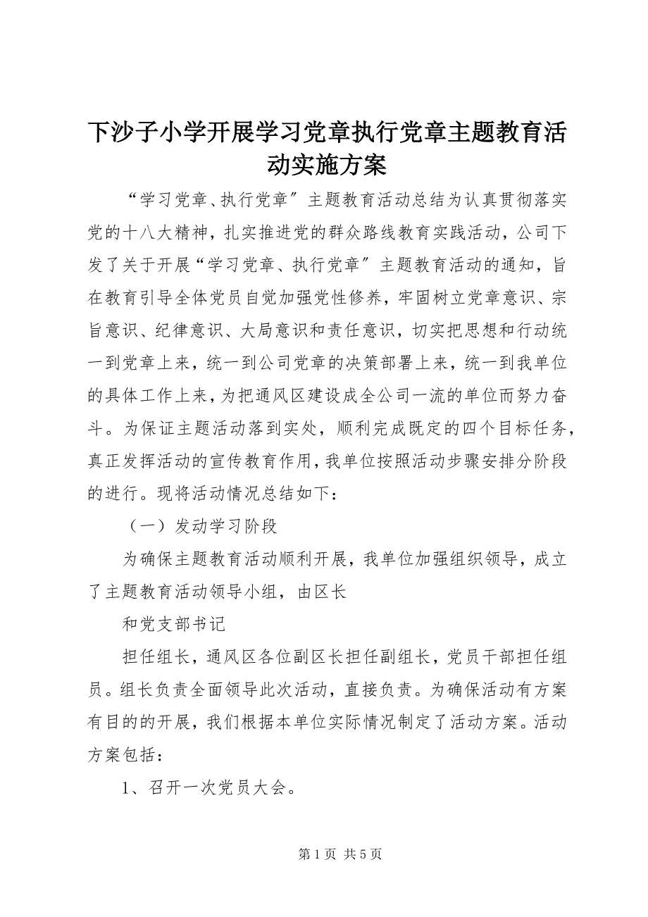 2023年下沙子小学开展学习党章执行党章主题教育活动实施方案.docx_第1页