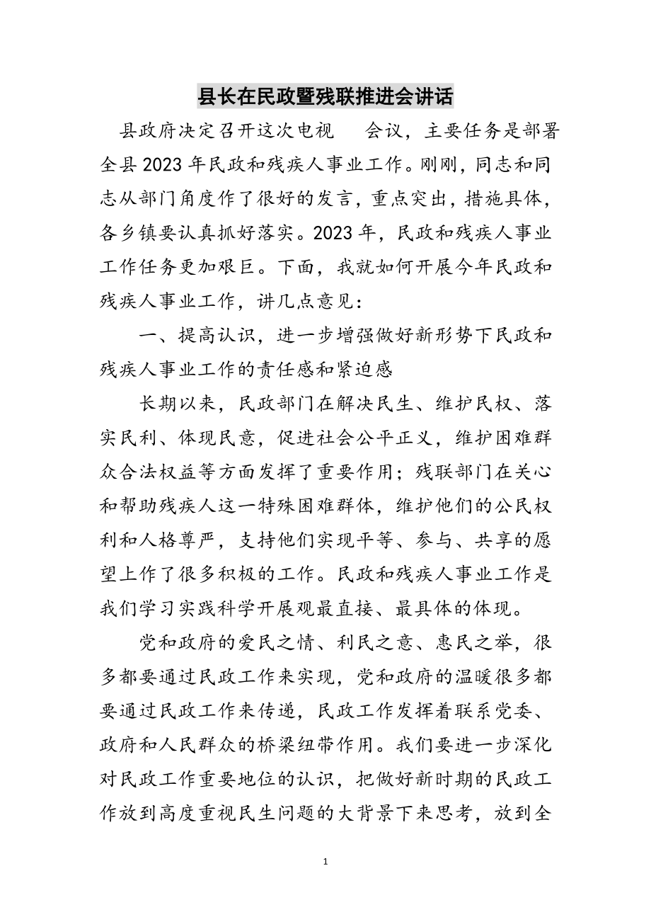 2023年县长在民政暨残联推进会讲话范文.doc_第1页