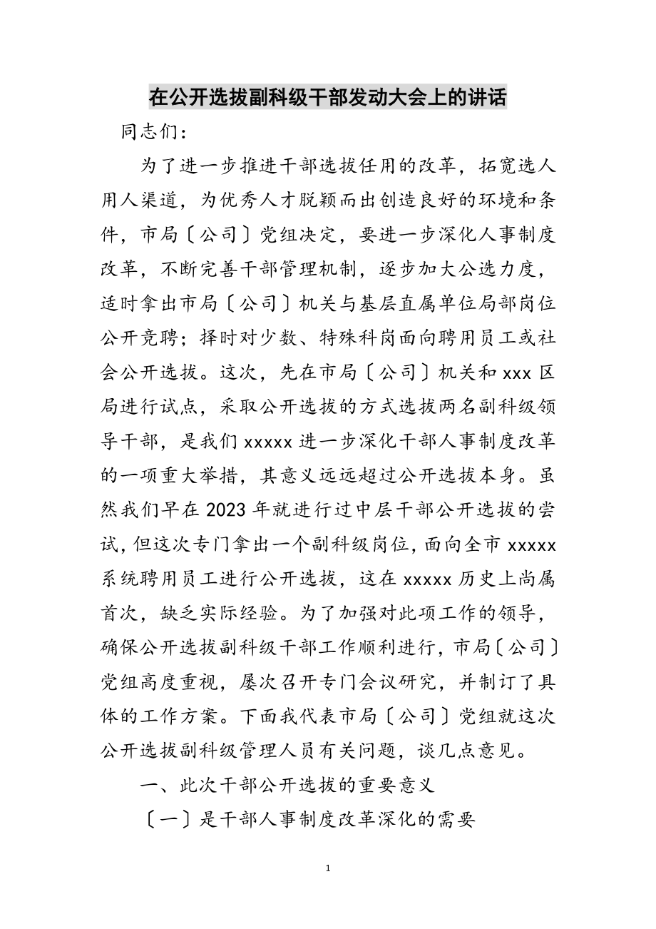 2023年在公开选拔副科级干部动员大会上的讲话范文.doc_第1页