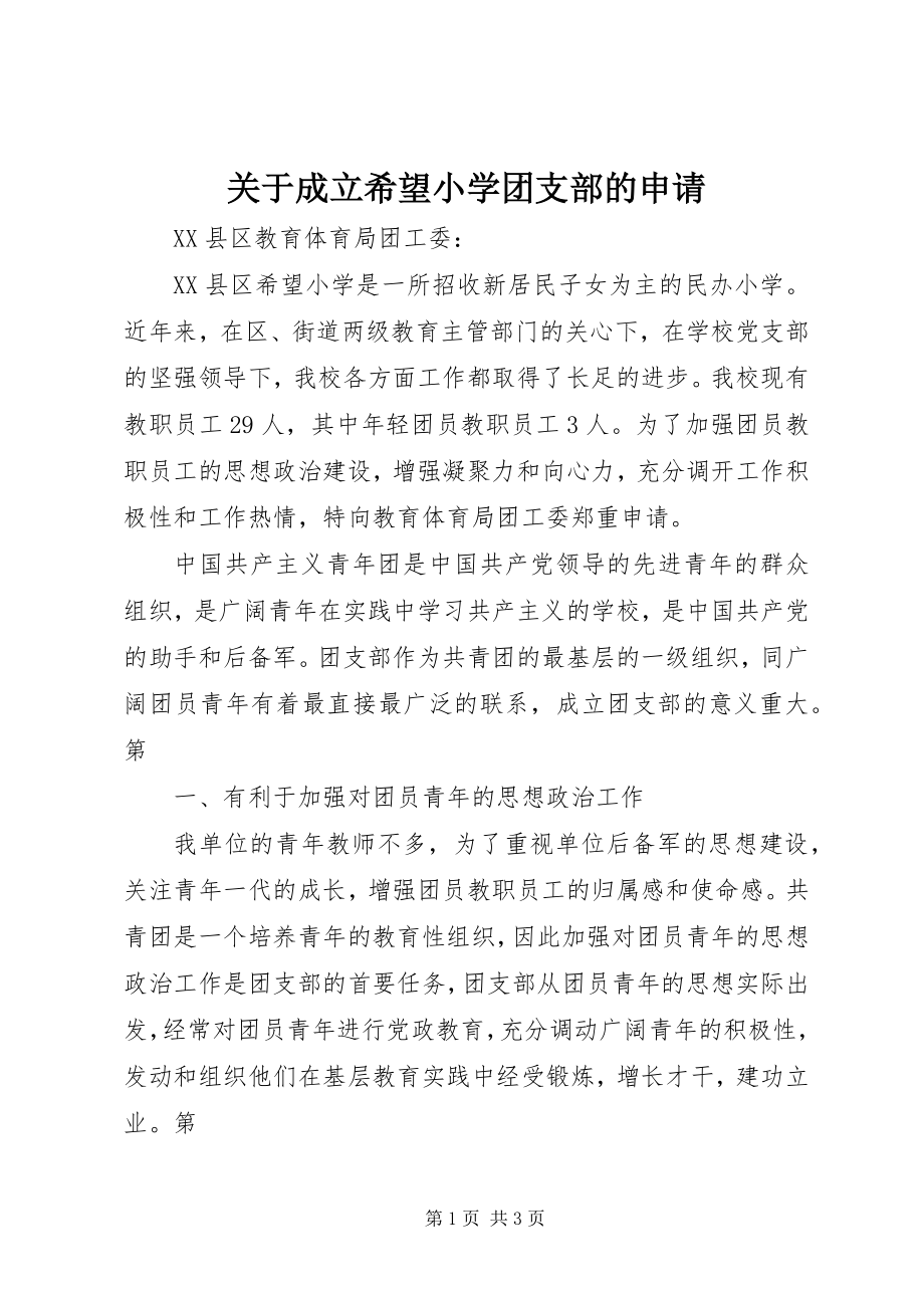 2023年成立希望小学团支部的申请.docx_第1页