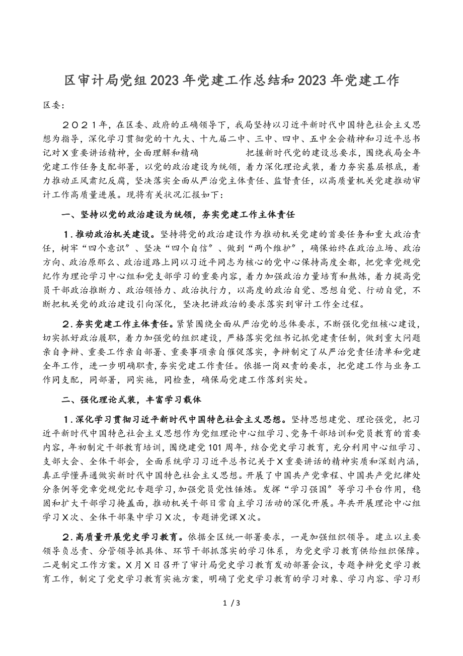 区审计局党组2023年党建工作总结和2023年党建工作计划.doc_第1页