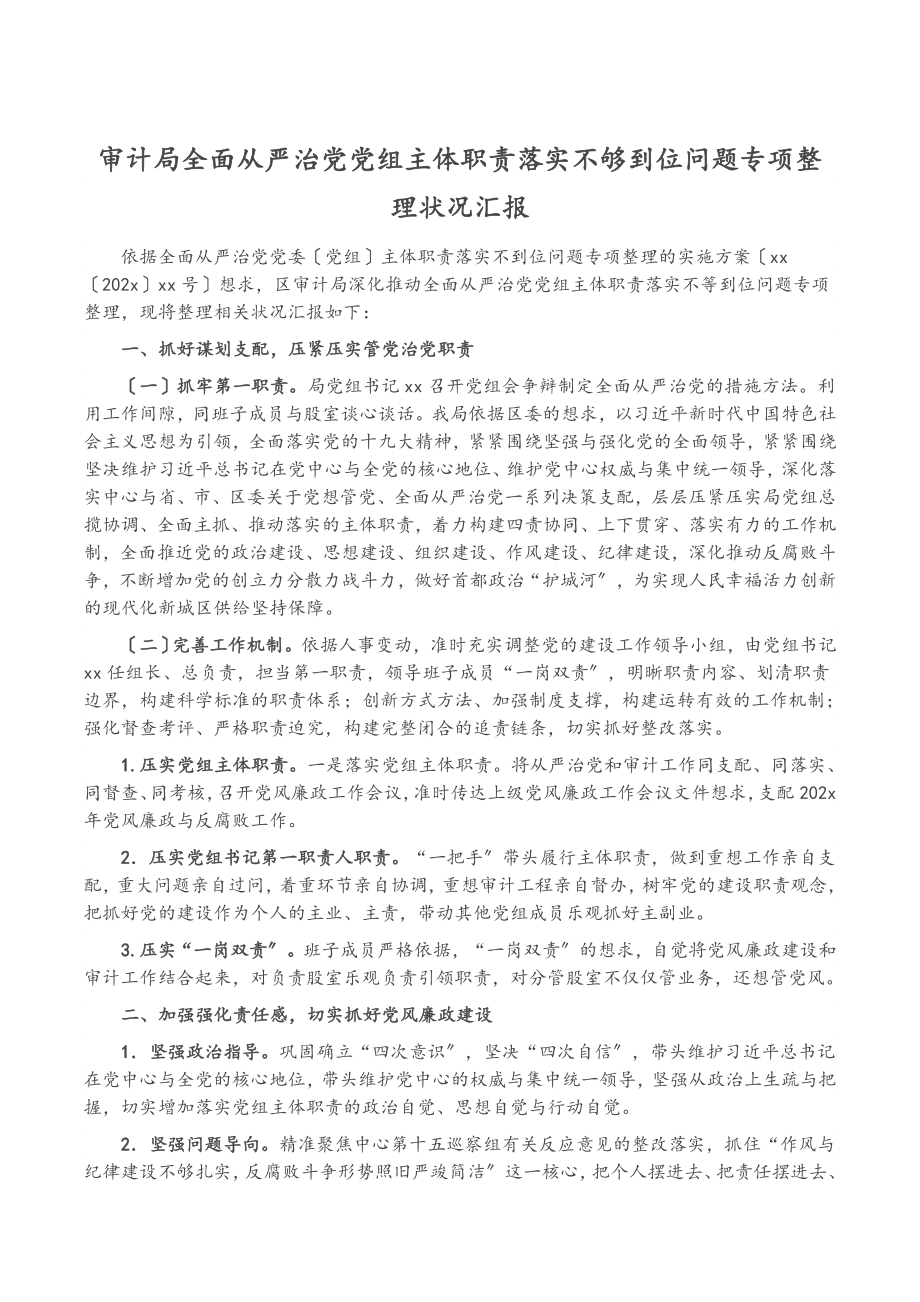 2023年审计局全面从严治党党组主体职责落实不够到位问题专项整理情况汇报.doc_第1页