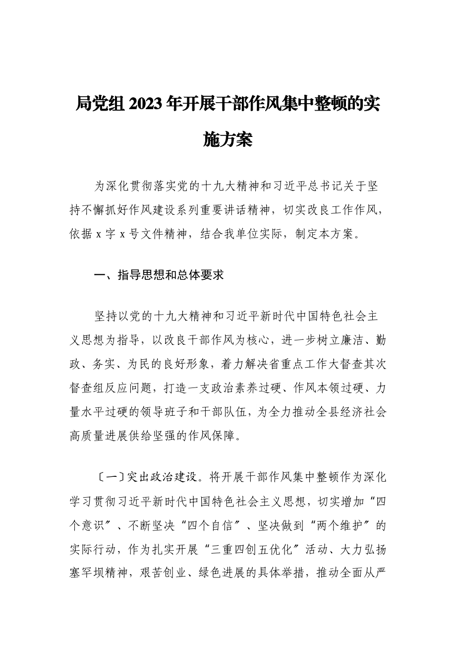 局党组2023年开展干部作风集中整顿的实施方案.docx_第1页