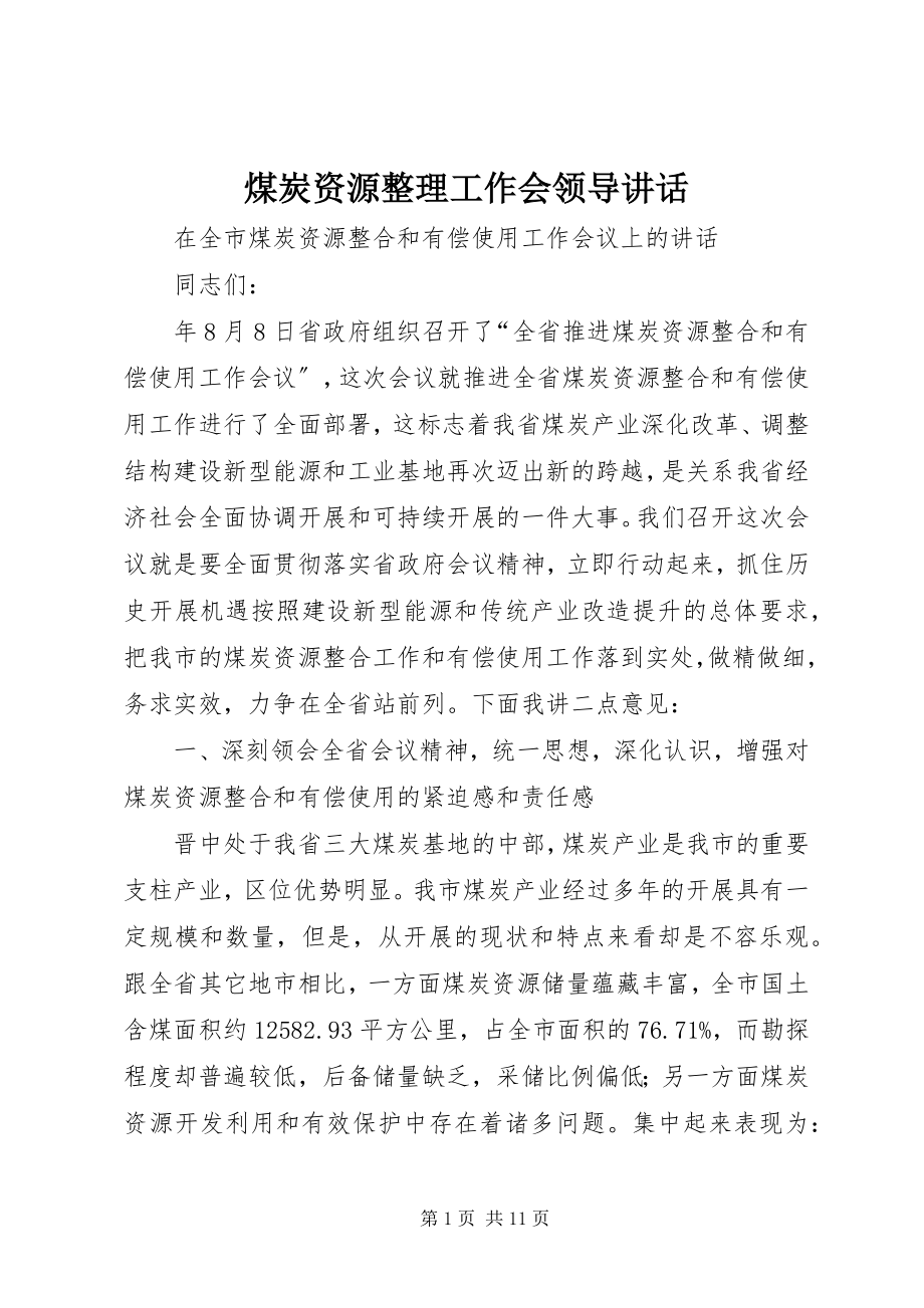 2023年煤炭资源整理工作会领导致辞.docx_第1页