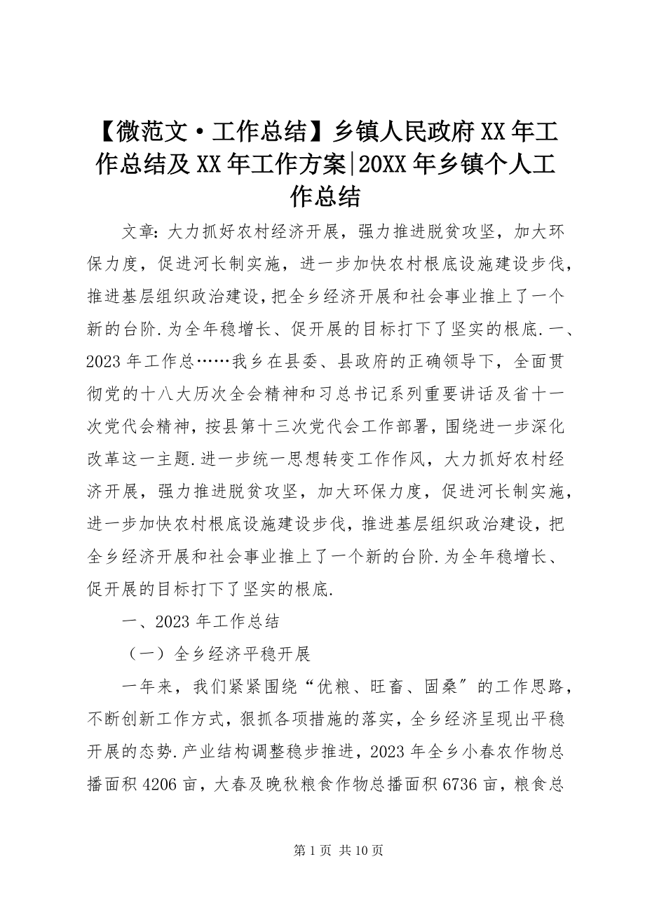 2023年微范文·工作总结乡镇人民政府工作总结及工作计划-乡镇个人工作总结.docx_第1页