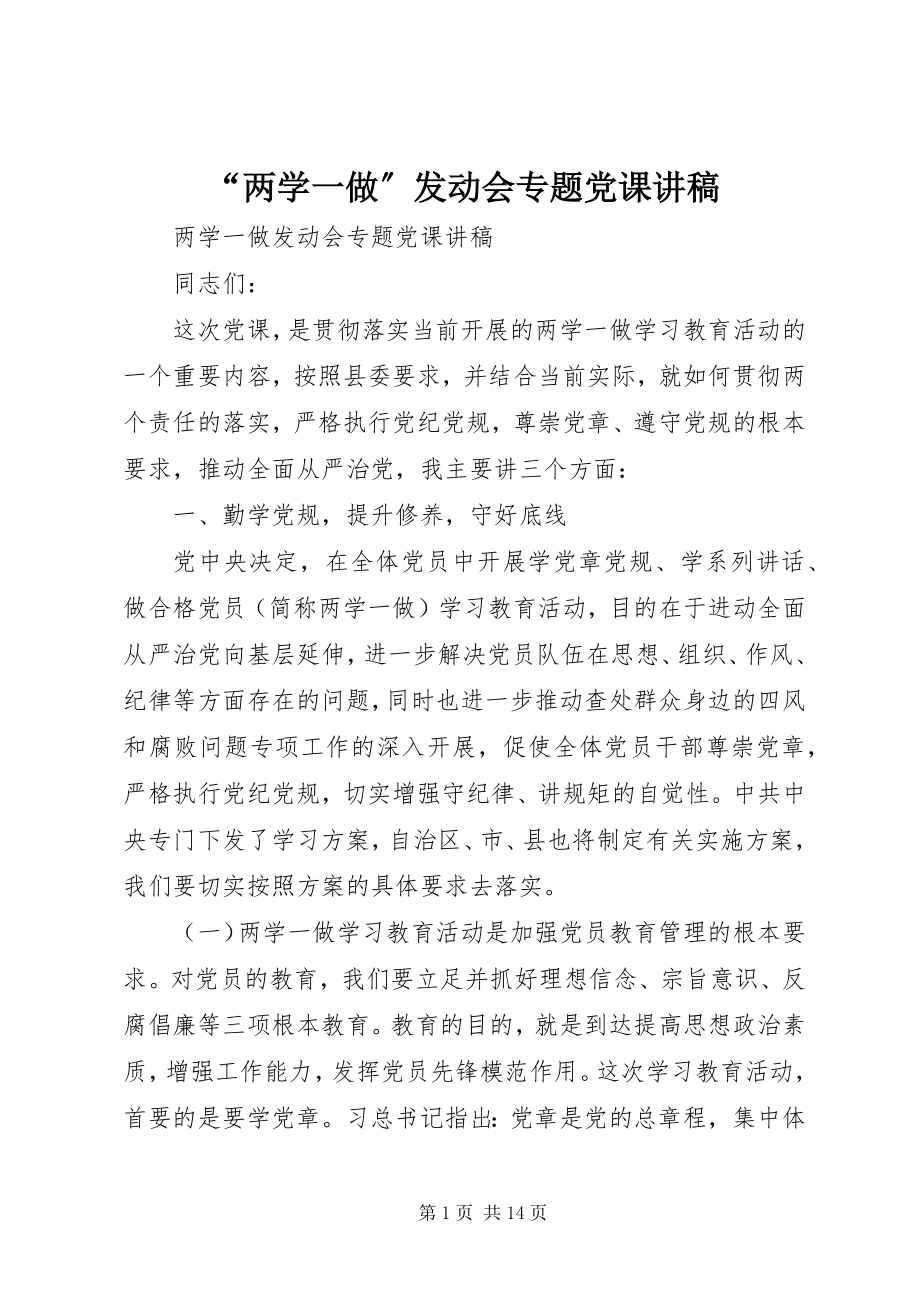 2023年两学一做动员会专题党课讲稿.docx_第1页