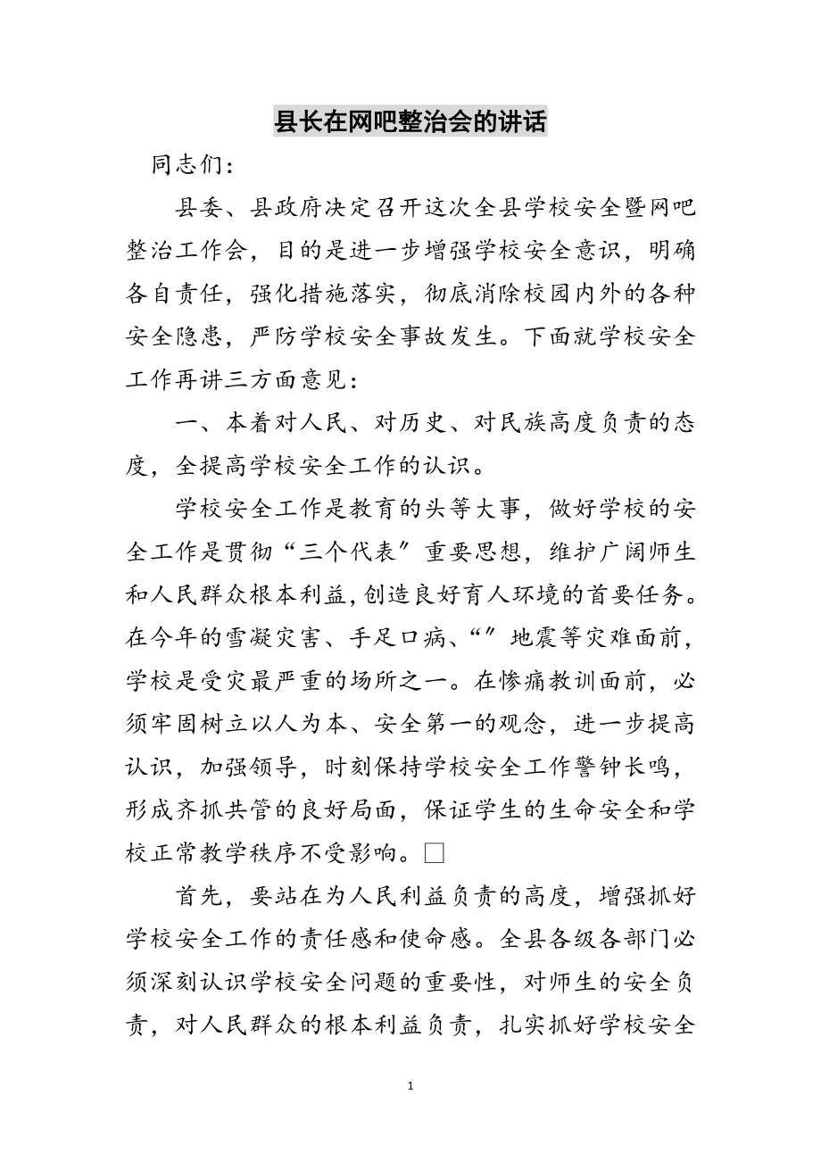 2023年县长在网吧整治会的讲话范文.doc_第1页