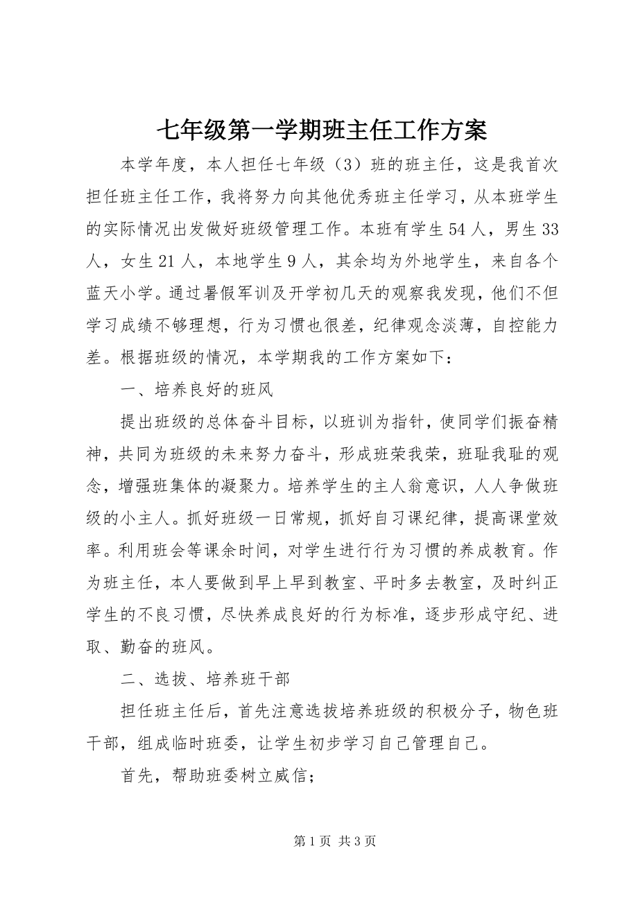 2023年七年级第一学期班主任工作计划.docx_第1页