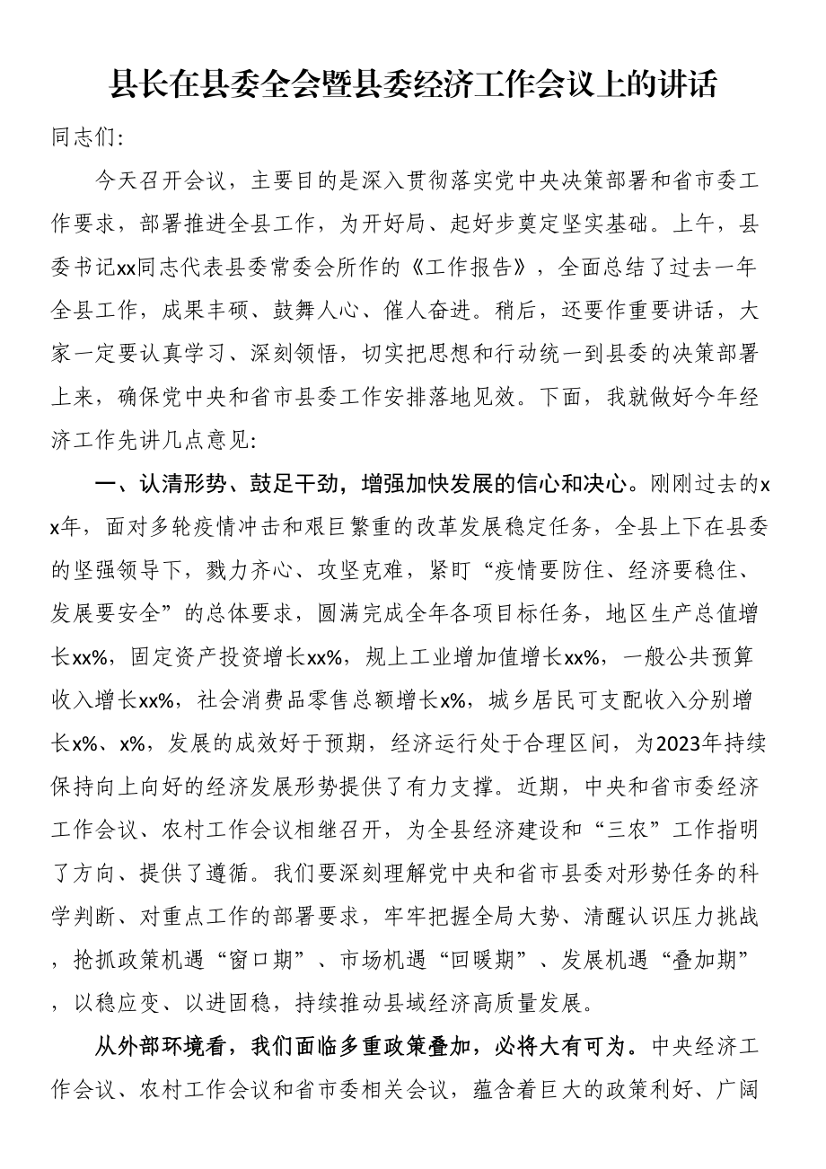 县长在县委全会暨县委经济工作会议上的讲话 .docx_第1页