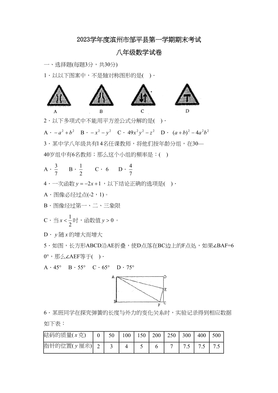 2023年度滨州市邹平县第一学期八年级期末考试初中数学.docx_第1页