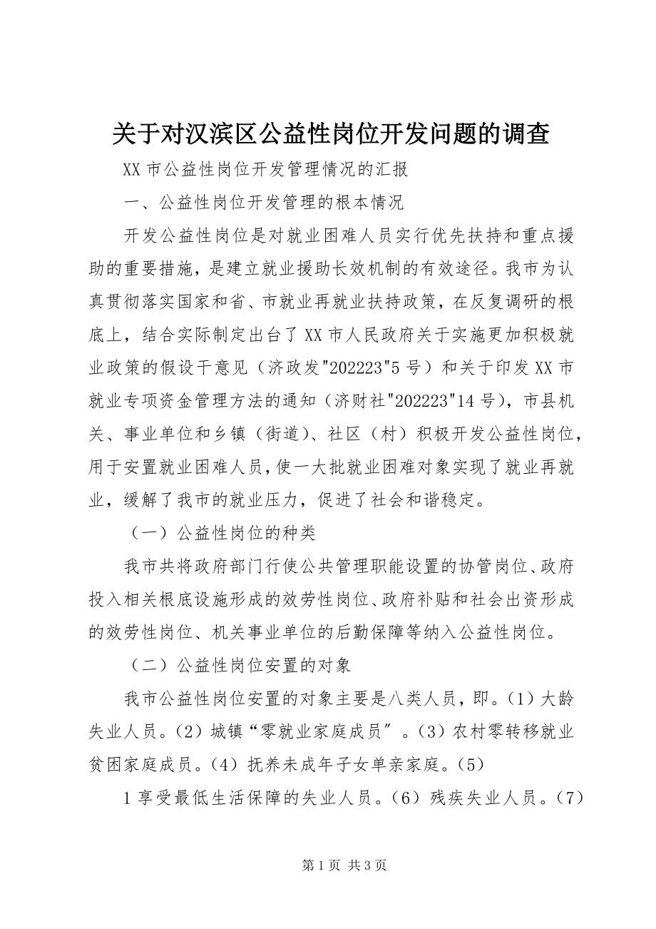 2023年对汉滨区公益性岗位开发问题的调查.docx_第1页