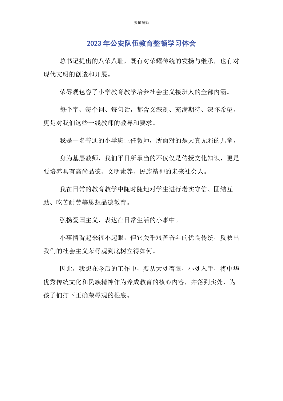 2023年公安队伍教育整顿学习体会范文.docx_第1页