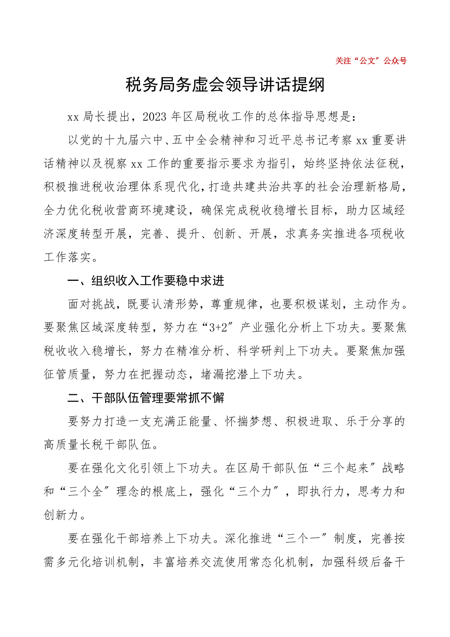 2023年税务局务虚会领导讲话提纲.doc_第1页