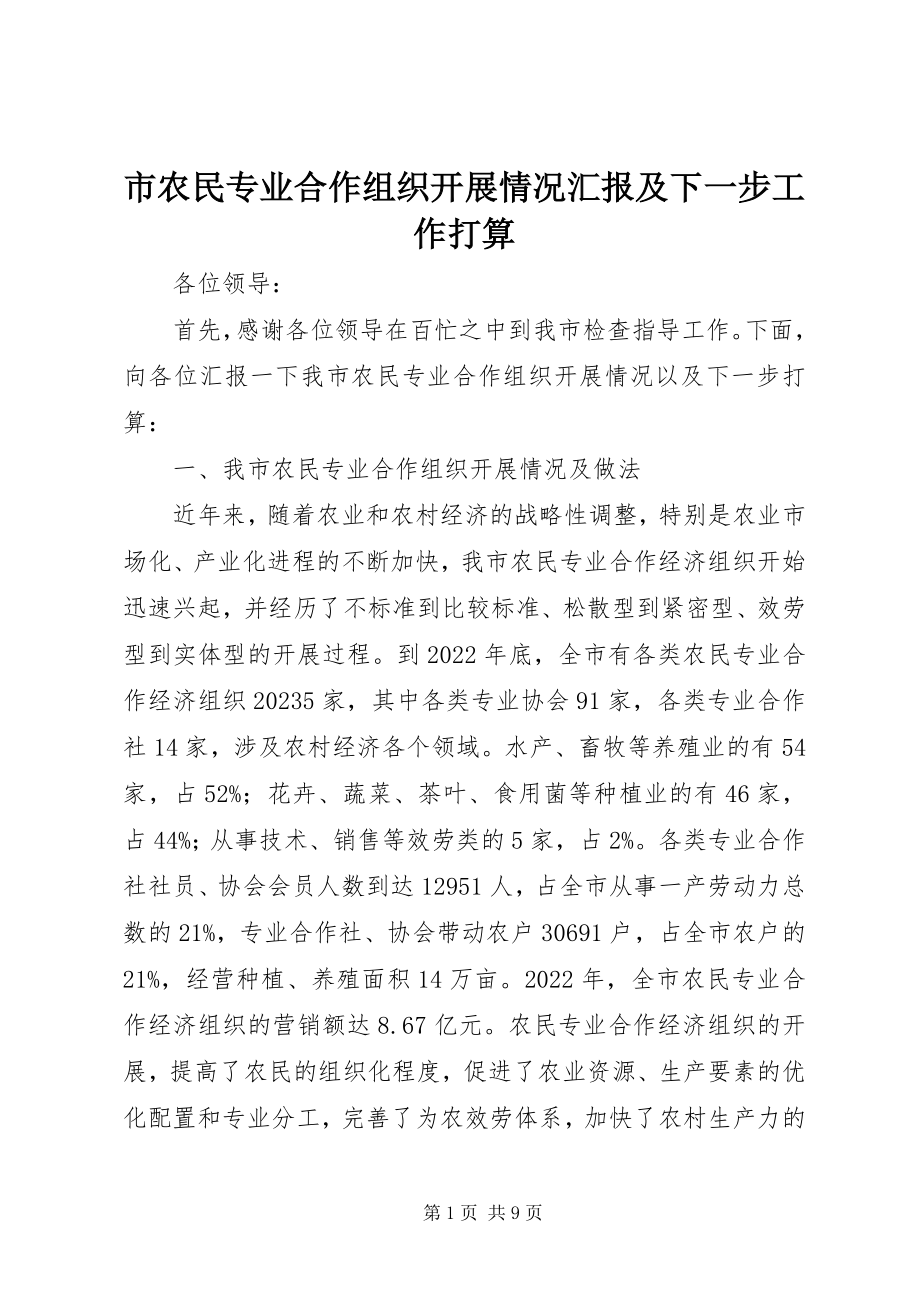 2023年市农民专业合作组织发展情况汇报及下一步工作打算.docx_第1页