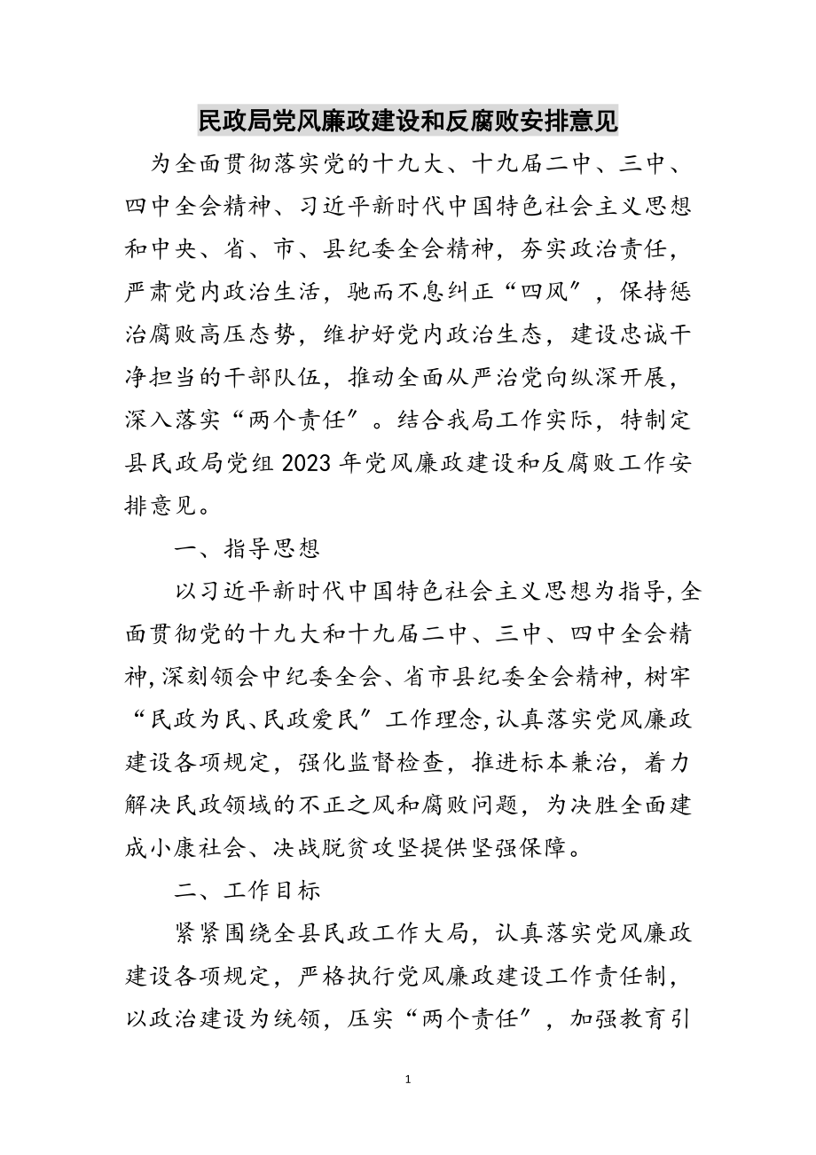 2023年民政局党风廉政建设和反腐败安排意见范文.doc_第1页