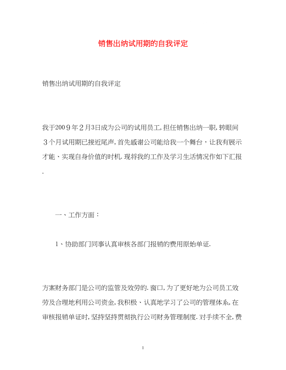 2023年销售出纳试用期的自我评定.docx_第1页