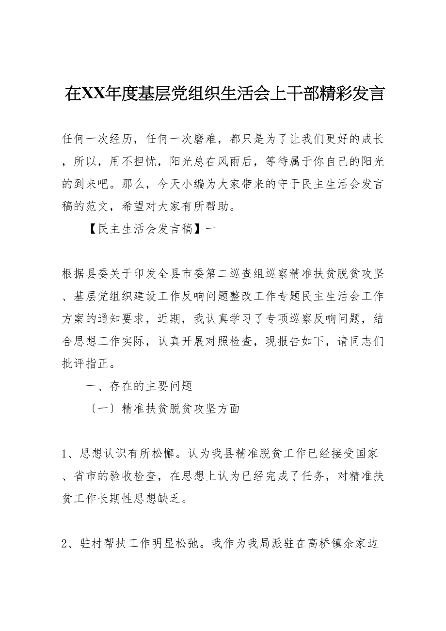 2023年在某年度基层党组织生活会上干部精彩讲话.doc_第1页