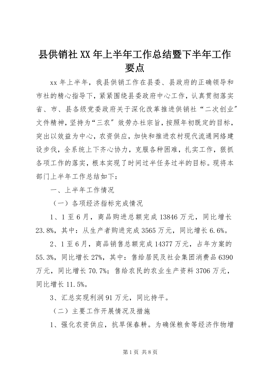 2023年县供销社上半年工作总结暨下半年工作要点.docx_第1页