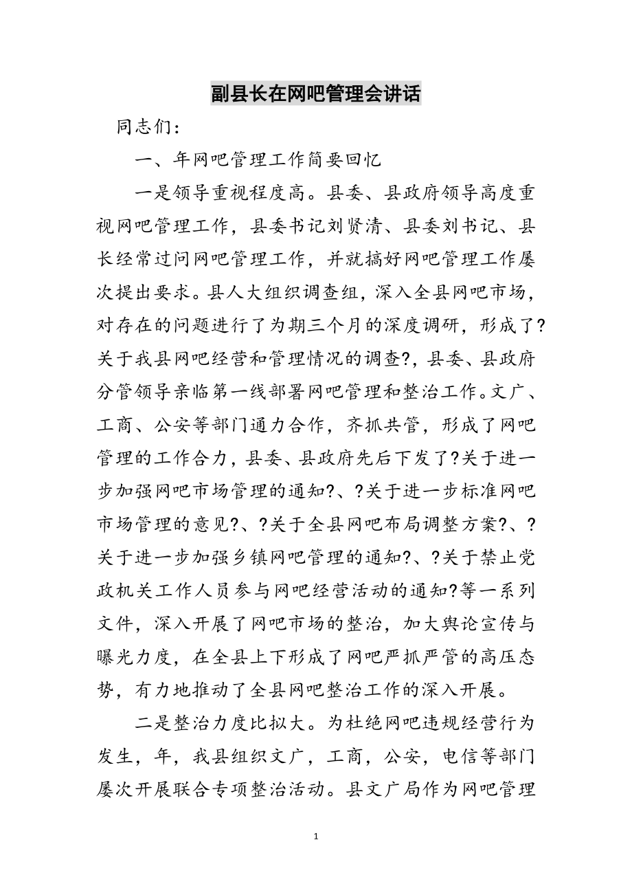 2023年副县长在网吧管理会讲话范文.doc_第1页