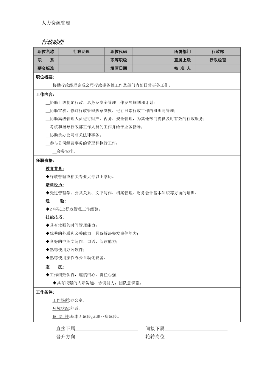 人力资源管理 企业管理 岗位说明 行政助理.docx_第1页