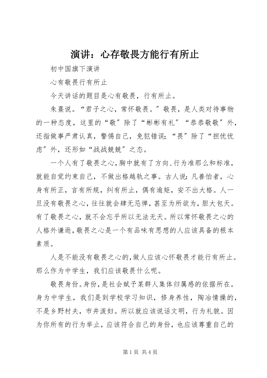 2023年演讲心存敬畏方能行有所止.docx_第1页