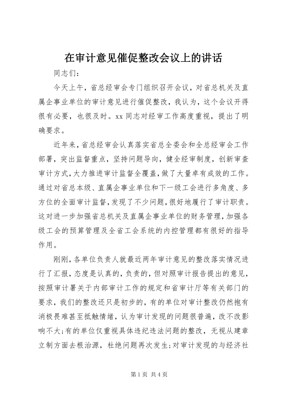 2023年在审计意见督促整改会议上的致辞.docx_第1页