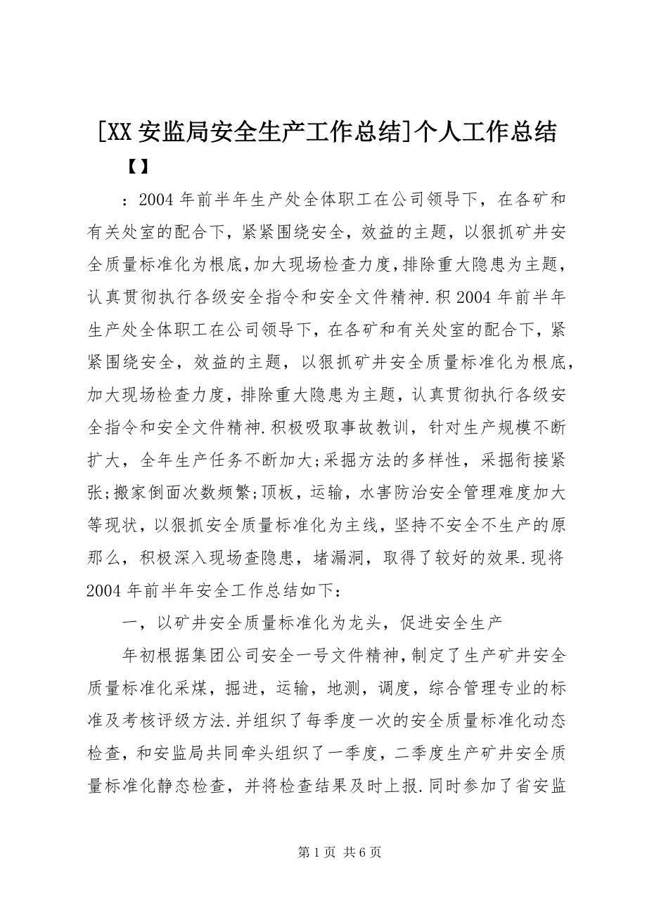 2023年XX安监局安全生产工作总结个人工作总结.docx_第1页