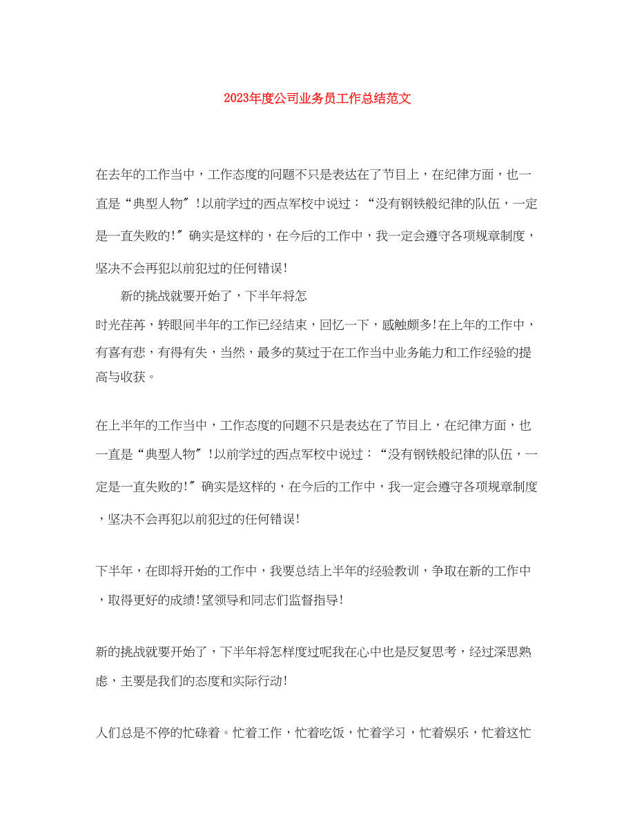 2023年度公司业务员工作总结2.docx_第1页