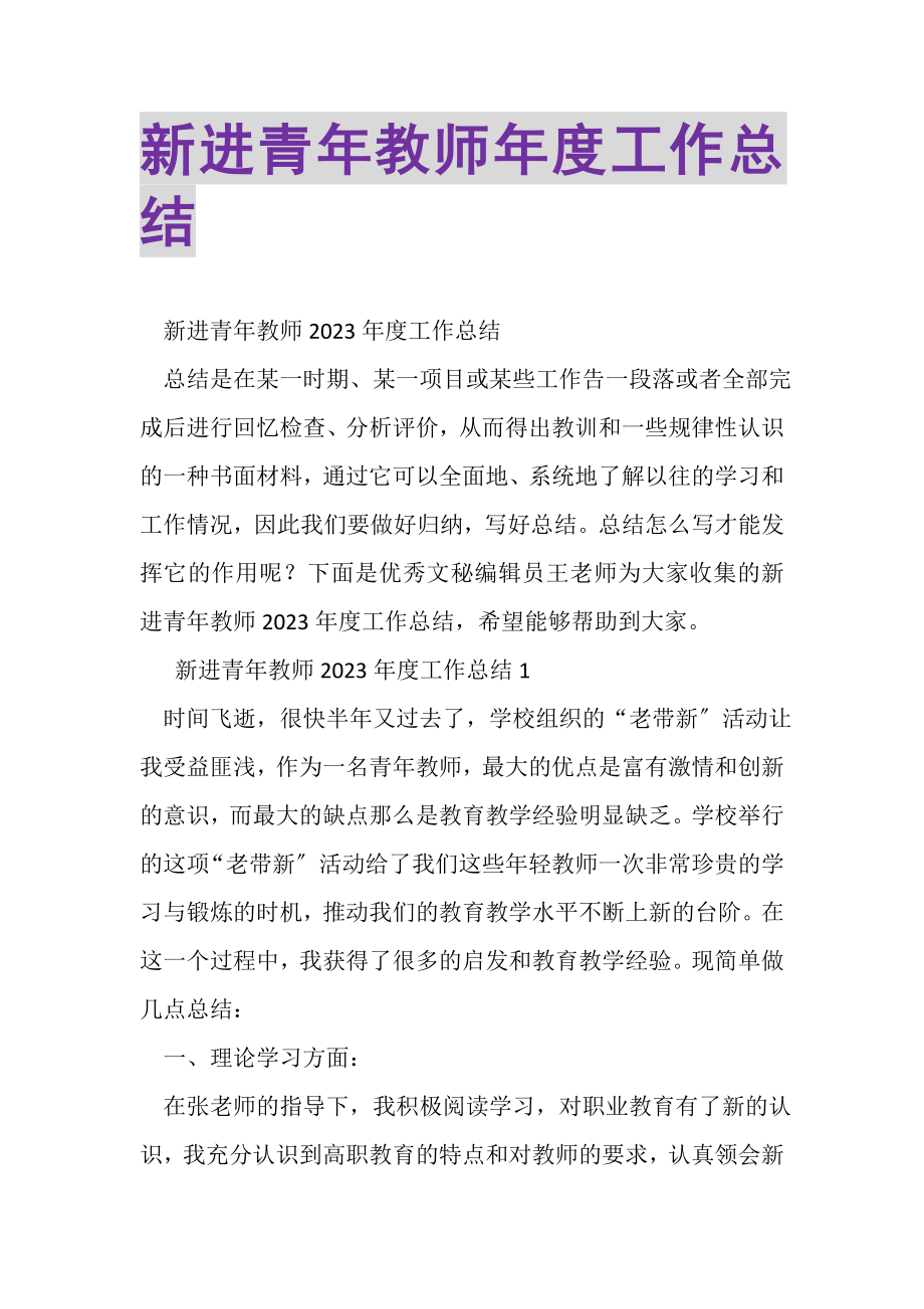 2023年新进青年教师年度工作总结.doc_第1页