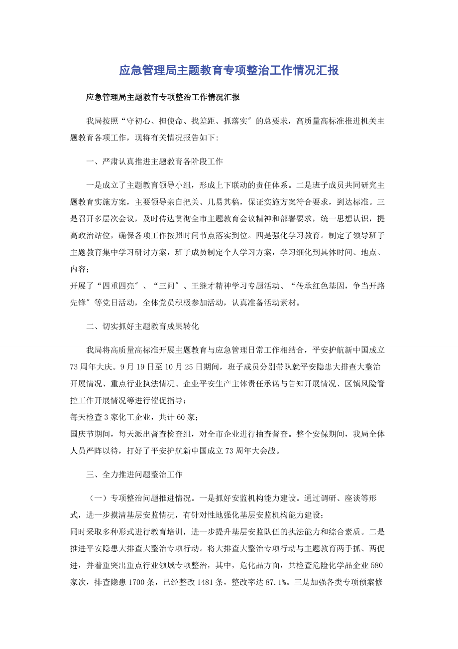 2023年应急管理局主题教育专项整治工作情况汇报.docx_第1页