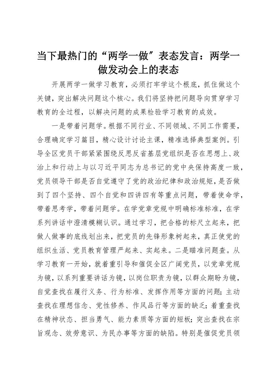 2023年当下最热门的“两学一做”表态讲话两学一做动员会上的表态新编.docx_第1页