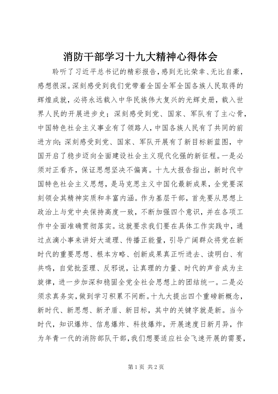 2023年消防干部学习十九大精神心得体会.docx_第1页