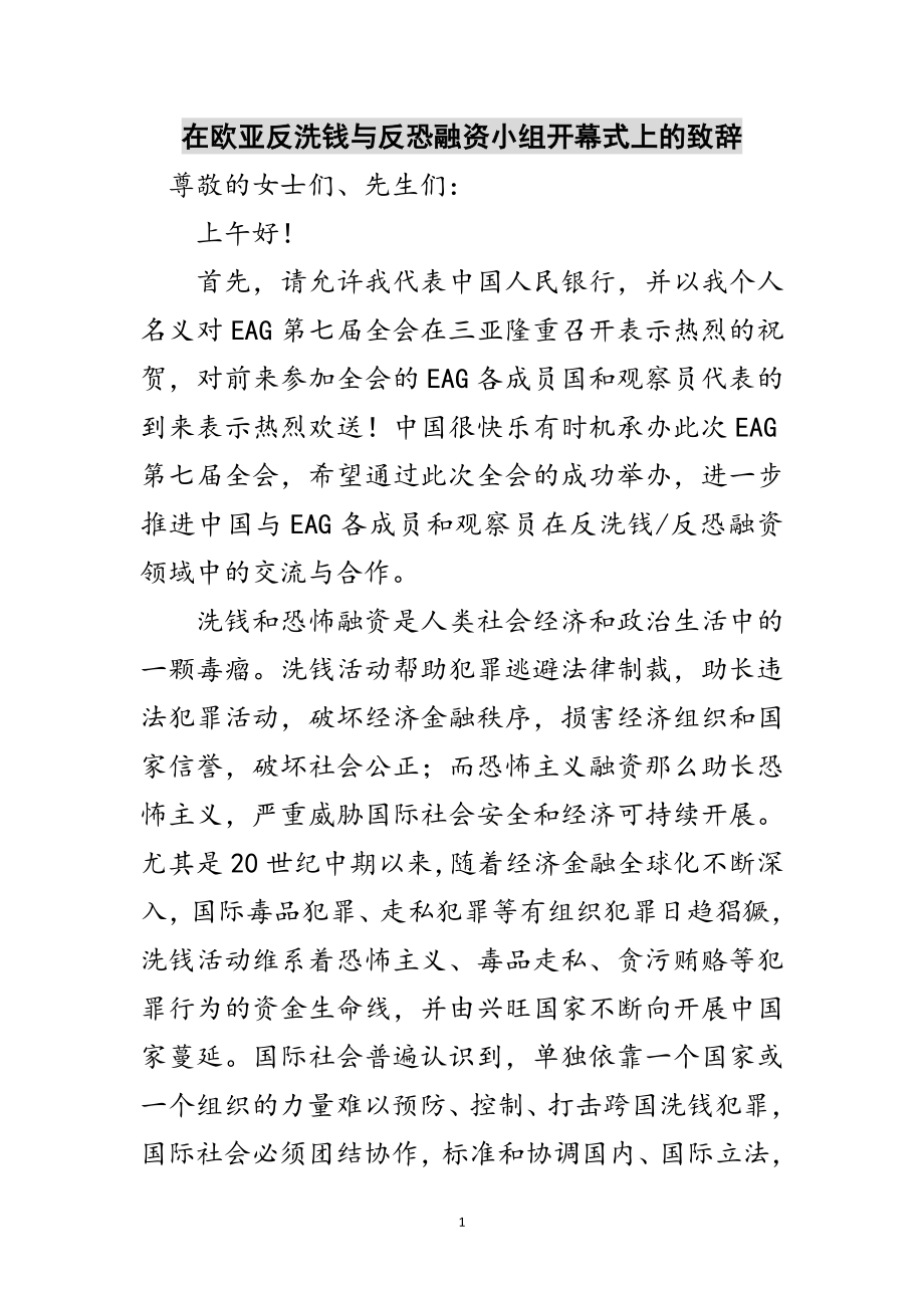 2023年在欧亚反洗钱与反恐融资小组开幕式上的致辞范文.doc_第1页