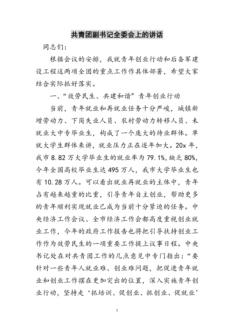 2023年共青团副书记全委会上的讲话范文.doc_第1页