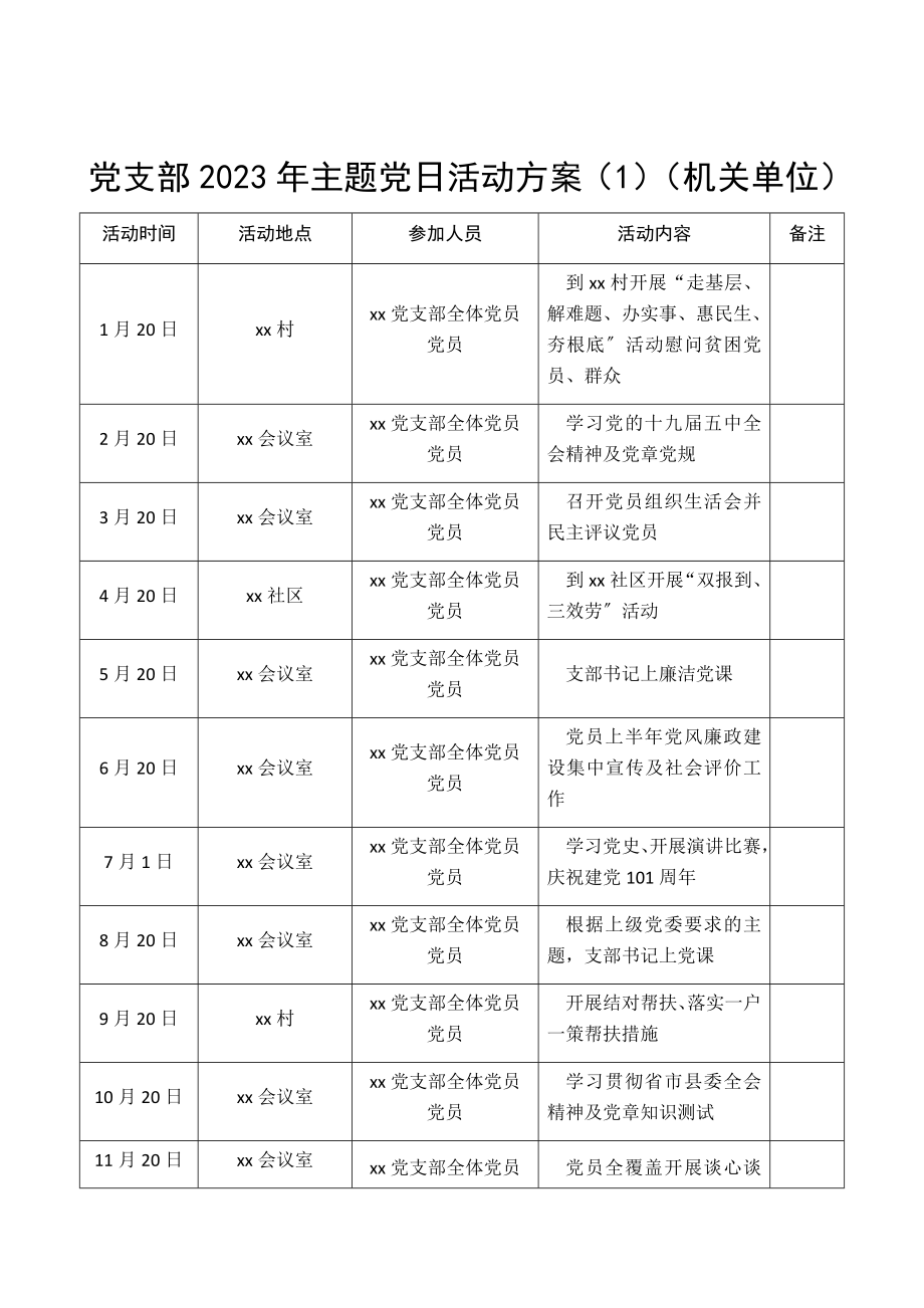 党支部2023年主题党日活动计划表格2篇机关单位、集团公司企业.docx_第1页