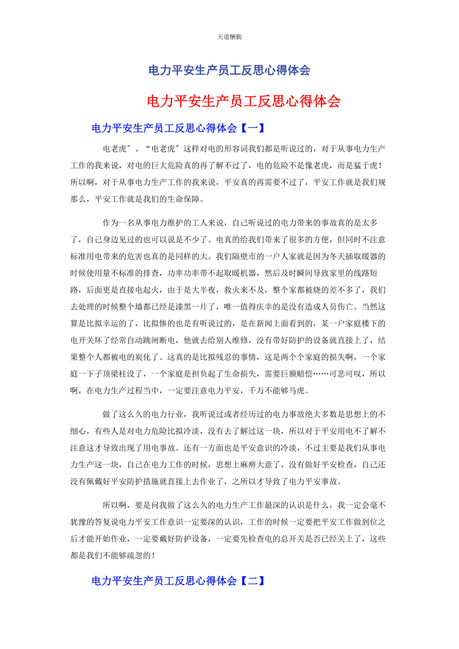 2023年电力安全生产员工反思心得体会范文.docx_第1页