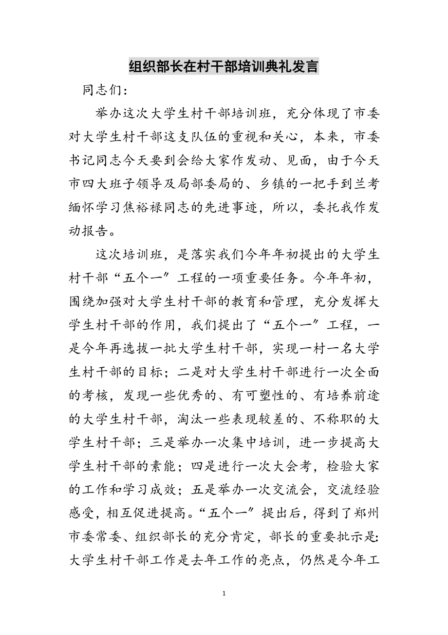 2023年组织部长在村干部培训典礼发言范文.doc_第1页