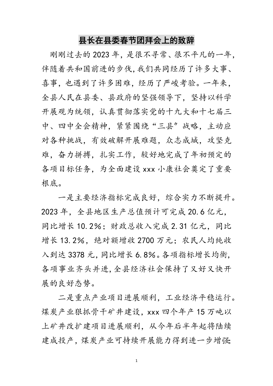 2023年县长在县委春节团拜会上的致辞范文.doc_第1页