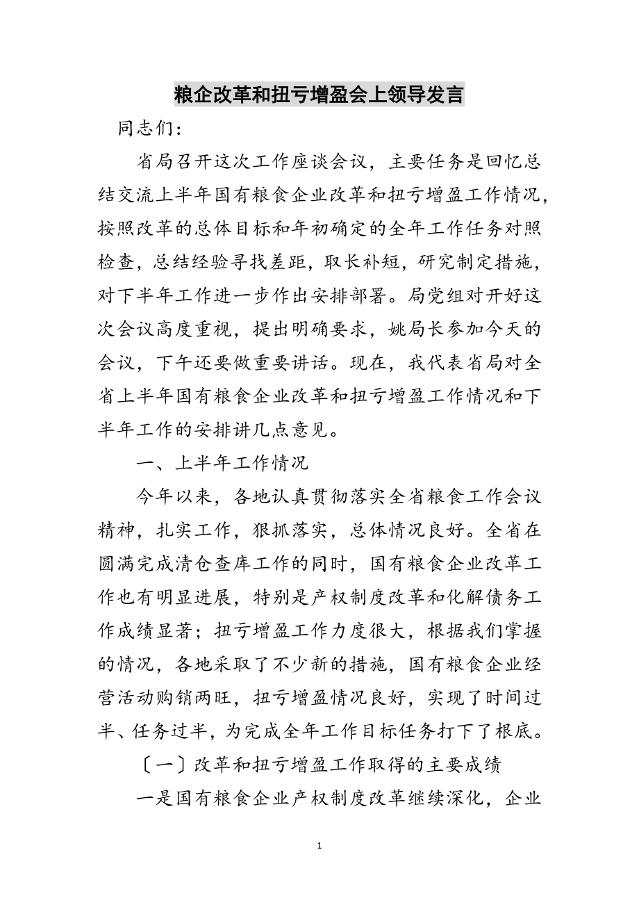 2023年粮企改革和扭亏增盈会上领导发言范文.doc_第1页