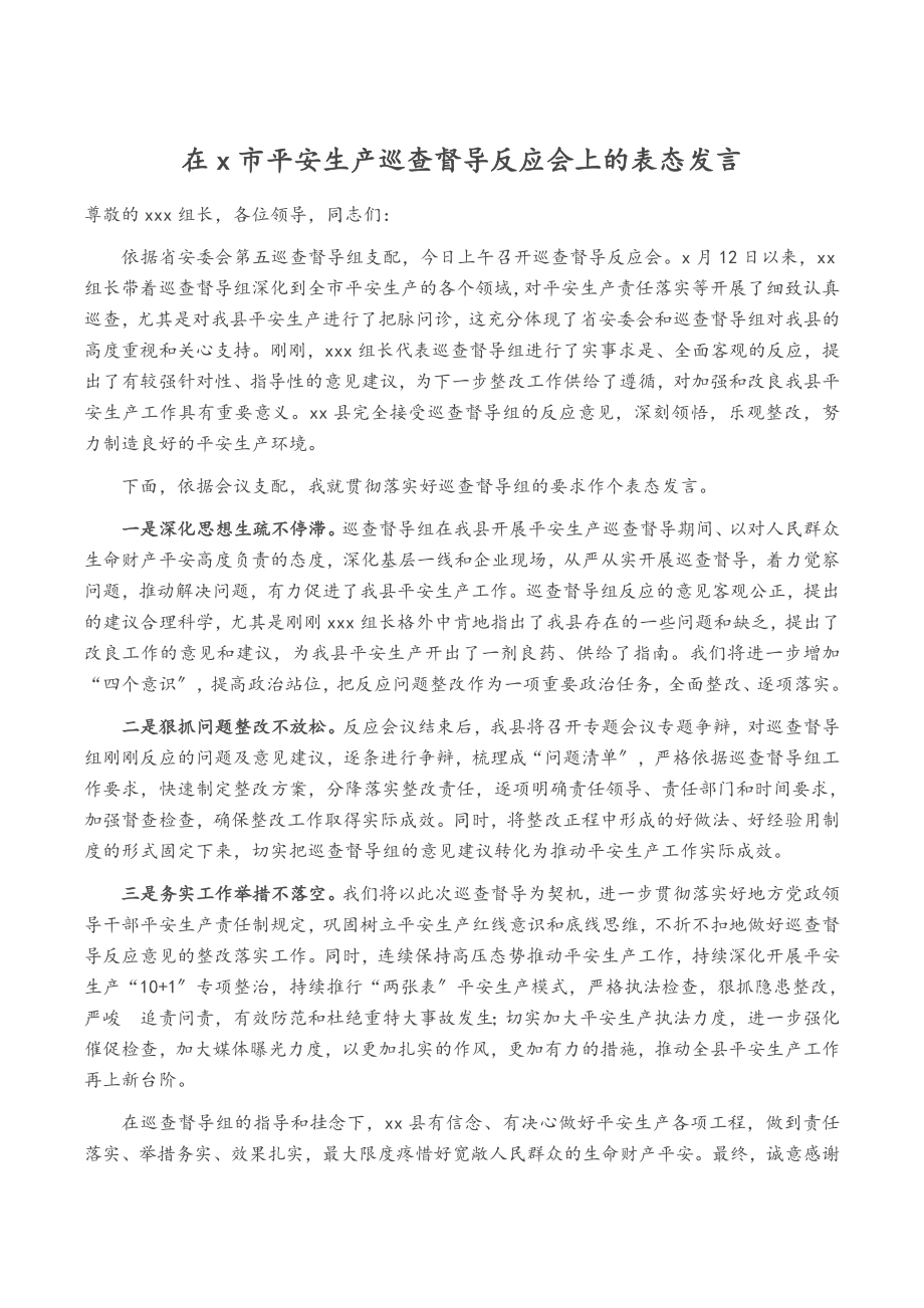 在2023年X市安全生产巡查督导反馈会上的表态发言.doc_第1页