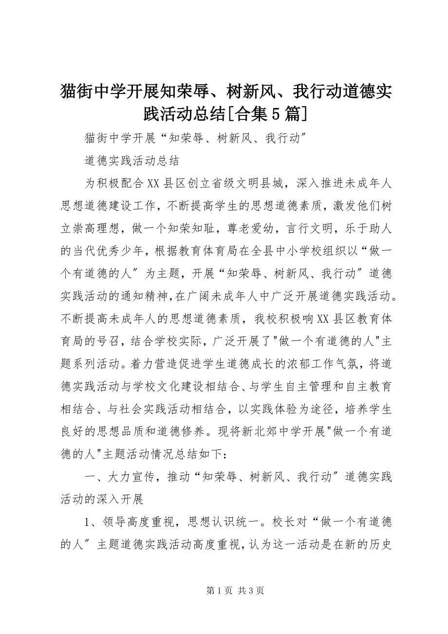 2023年猫街中学开展知荣辱、树新风、我行动道德实践活动总结[合集5篇.docx_第1页