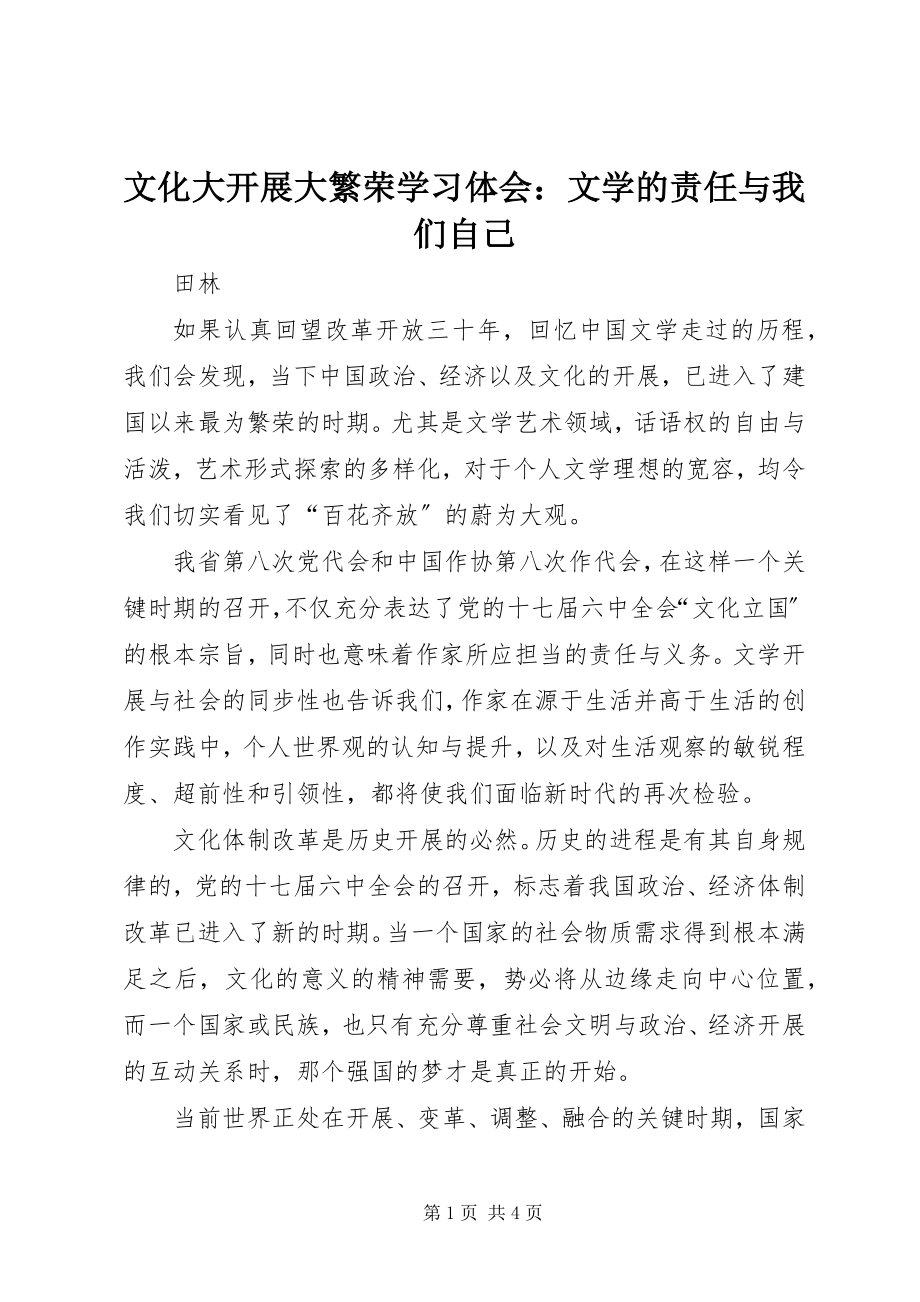 2023年文化大发展大繁荣学习体会文学的责任与我们自己.docx_第1页