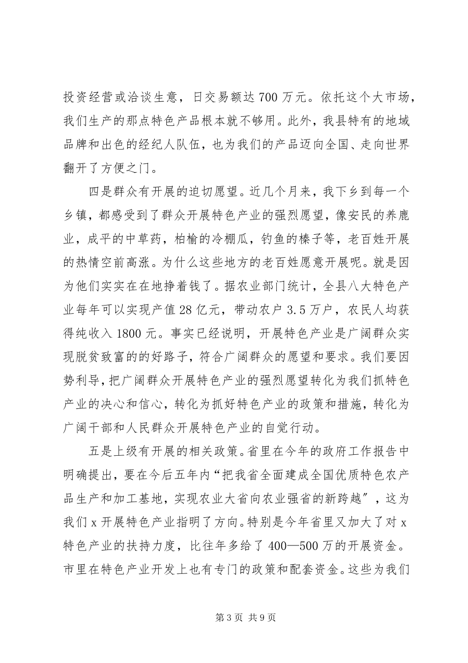 2023年县长在特色产业开发工作会议上的致辞.docx_第3页