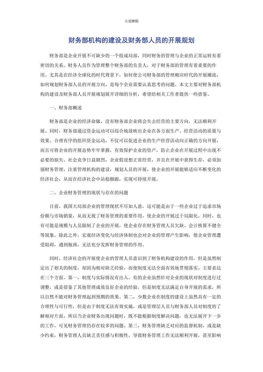 2023年财务部机构的建设及财务部人员的发展规划.docx_第1页