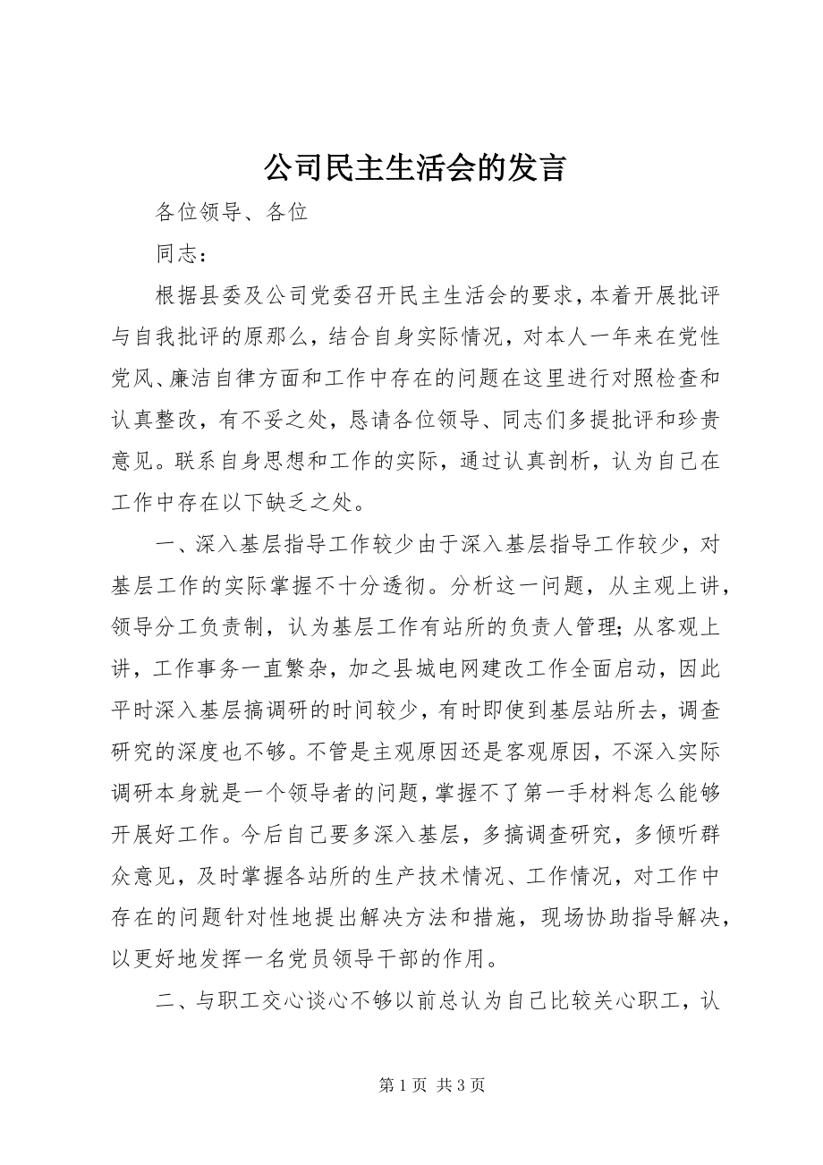 2023年公司民主生活会的讲话.docx_第1页