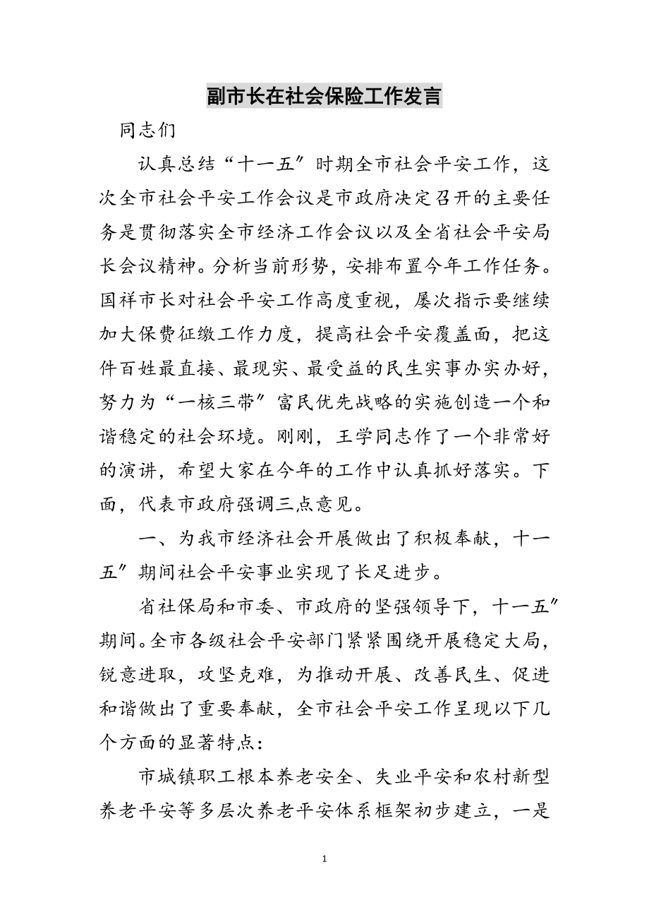 2023年副市长在社会保险工作发言范文.doc_第1页