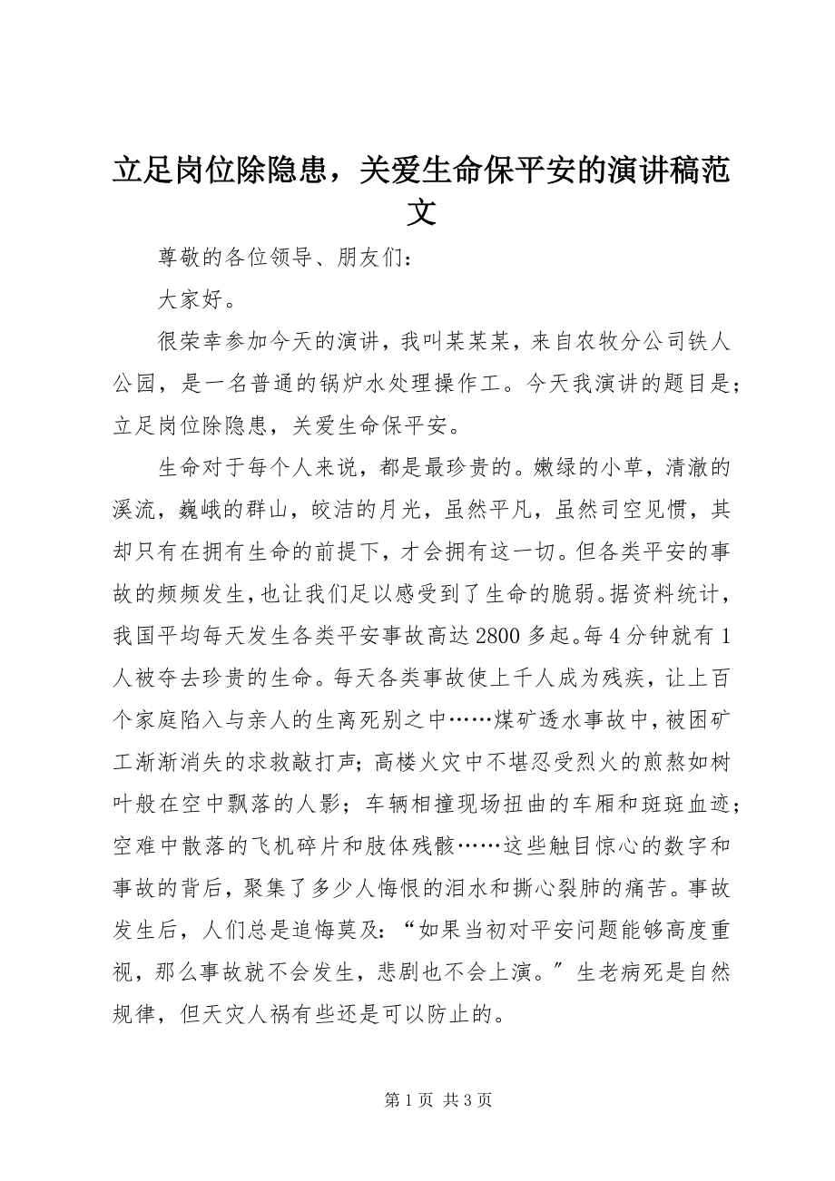 2023年立足岗位除隐患关爱生命保安全的演讲稿.docx_第1页